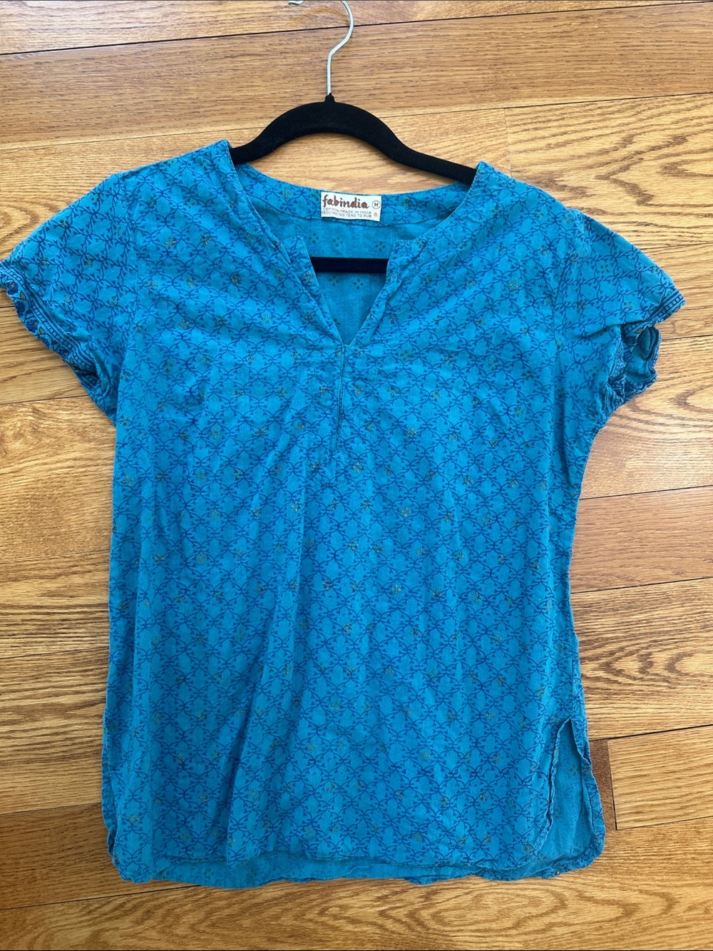 fabindia Turquoise Blue Short-Sleeve Cotton Top